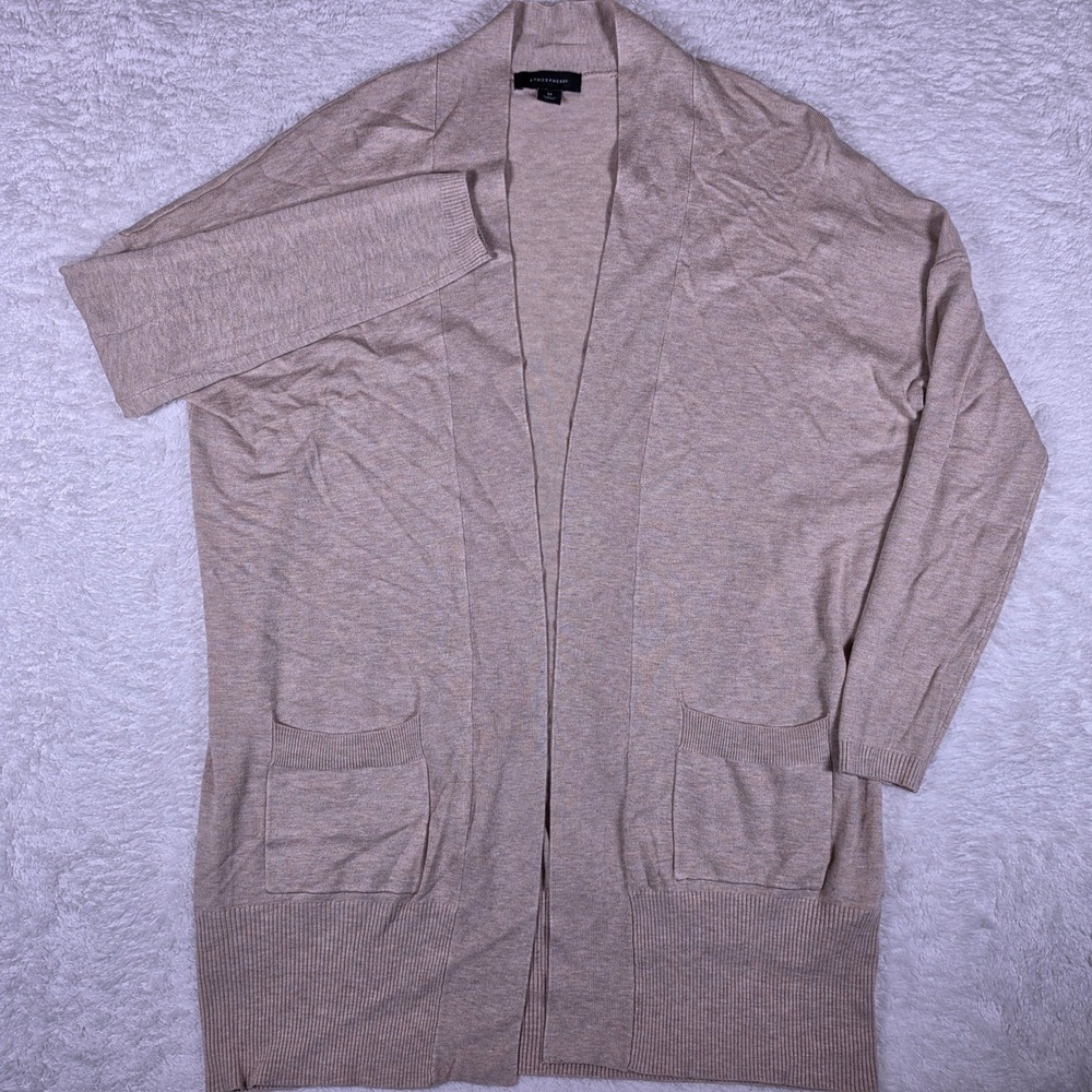 Atmosphere Cardigan Womens 6/8 Beige Nylon Open Front L/S Ribbed Pockets